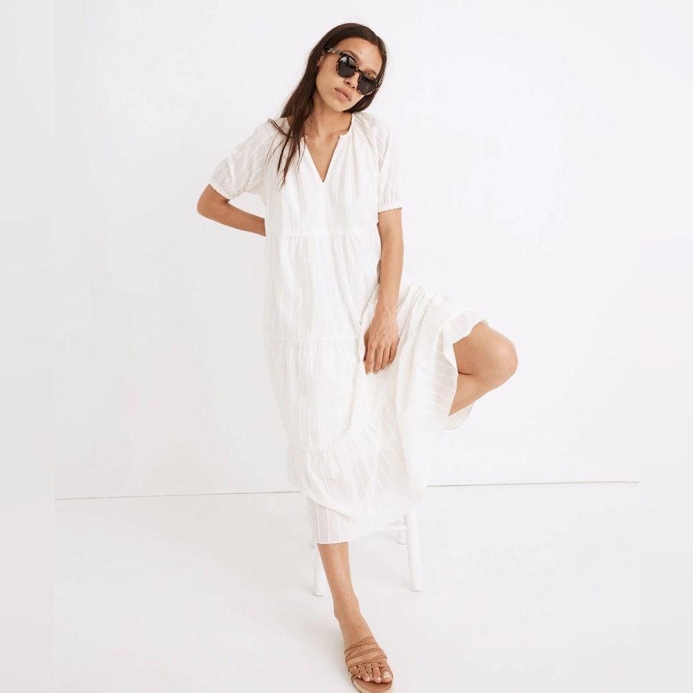 Madewell Bubble-Sleeve Tiered Midi Dress in Textural Stripe